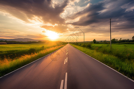 夕阳下乡村道路图片