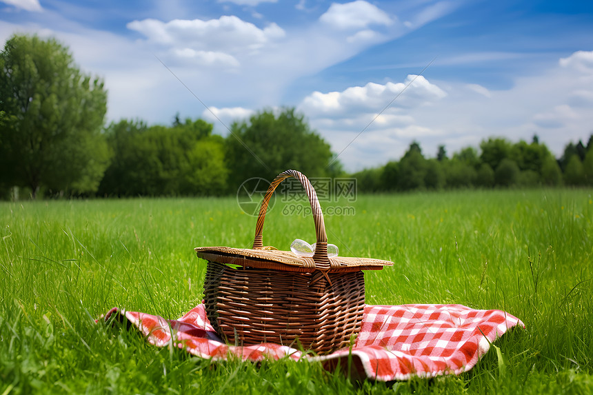 野餐垫上的篮子图片