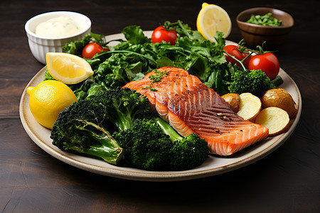 新鲜健康的三文鱼沙拉图片