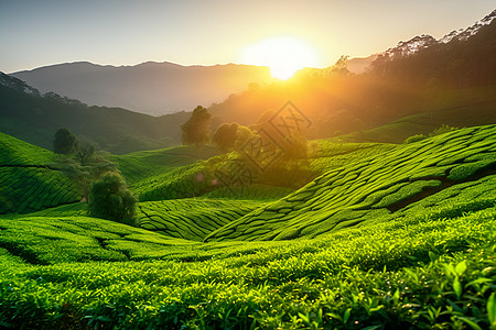 日出时分的茶园图片