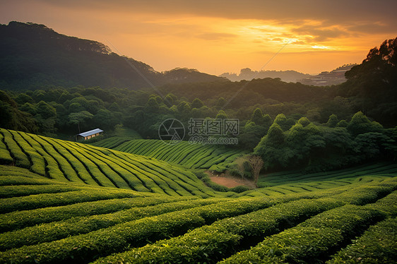 夕阳下的茶园图片