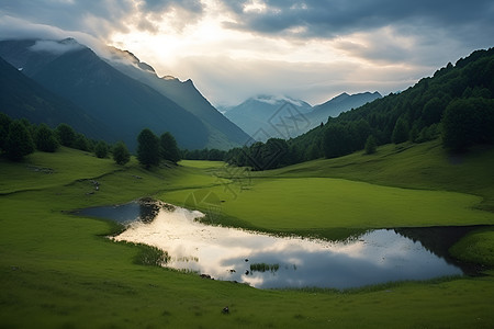 湖泊映照山峦的美景图片