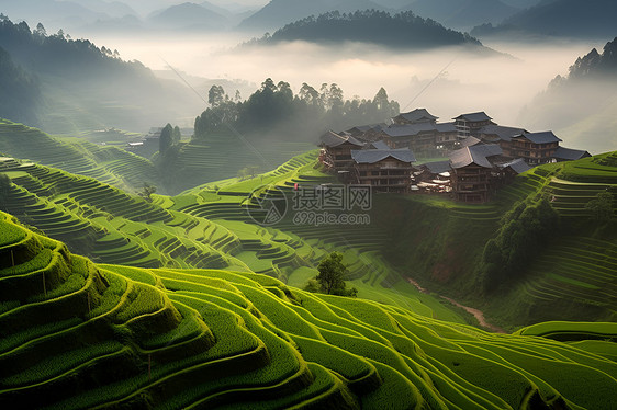 云雾缭绕的绿色山村图片