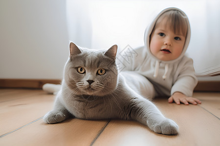 地板上的婴儿和小猫图片