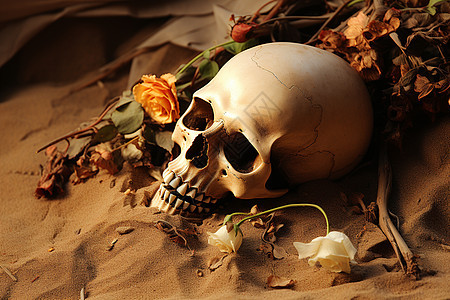 沙滩上的骷髅和花朵图片