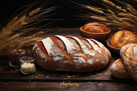 木桌上的面包背景图片