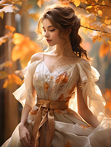 落叶下的美丽女子背景图片