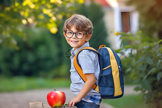 小男孩背着书包图片