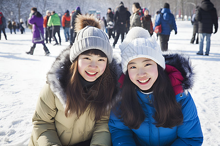 冬季户外雪景中的小女孩背景图片