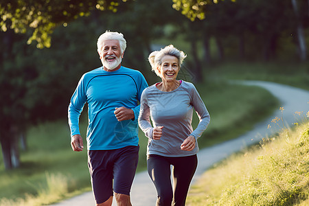户外跑步健身的老年夫妻背景图片