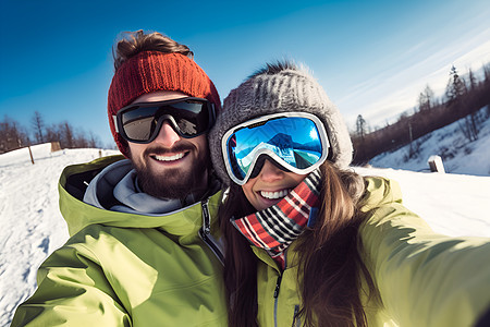 欢乐滑雪的年轻情侣图片