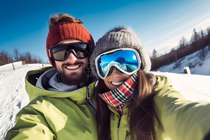 欢乐滑雪的年轻情侣图片