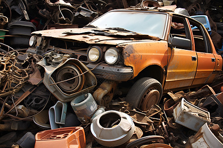垃圾废墟中堆放的废弃汽车图片