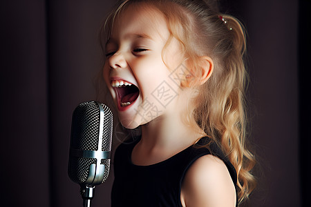 欢乐的小女孩在录音室里唱歌背景