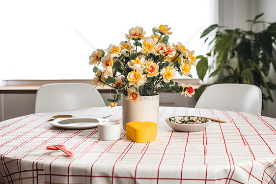饭桌上放着一束花和一盘美食图片