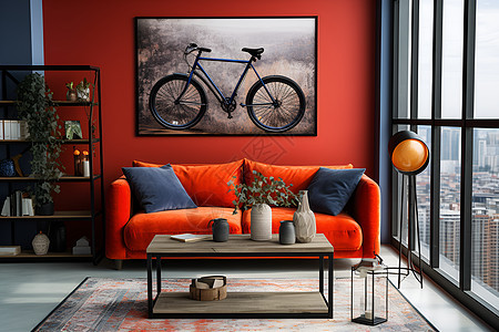 红色沙发前墙挂自行车图片