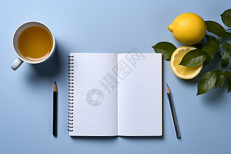 清新美好柠檬茶搭配蓝色背景的笔记本图片