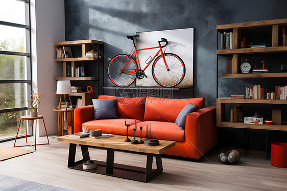 室内的壁挂自行车和沙发图片