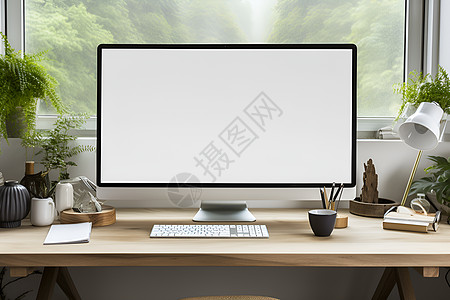 现代木质办公桌上的计算机显示器图片