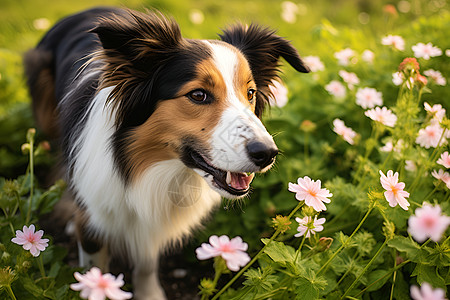 绿野花海的乖巧牧羊犬图片