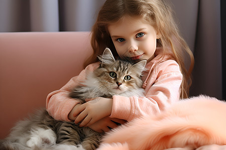 小女孩与小猫拥抱图片