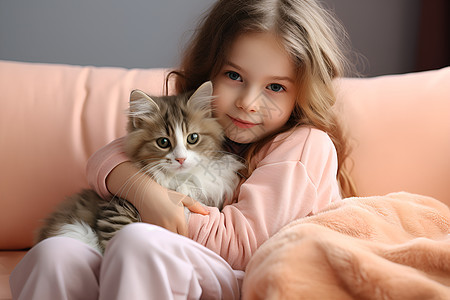 温馨的宝贝与猫咪图片