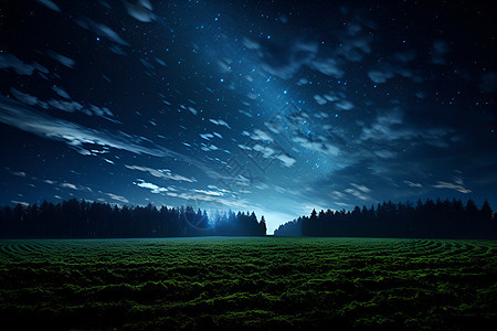 夜空下的草地与树木幻化宇宙图片