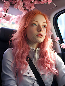 汽车里的粉发女孩高清图片