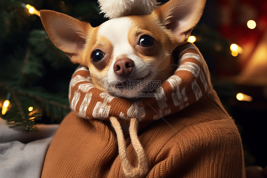 可爱的毛衣狗与圣诞树图片