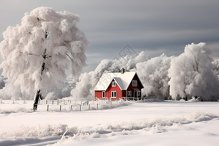 冬季雪景中的红色小屋图片