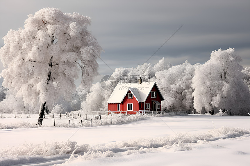 冬季雪景中的红色小屋图片