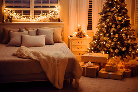 圣诞树下的温馨卧室图片