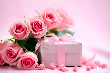 粉色玫瑰花束和礼物图片
