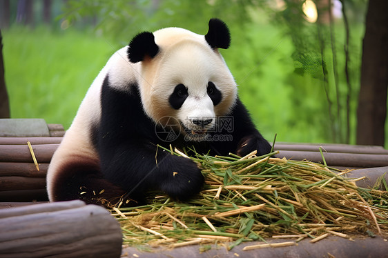 户外抱着干草的熊猫图片