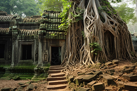 古树覆盖的古庙图片