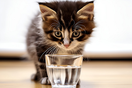 小猫咪好奇地盯着水杯图片