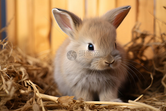 小兔子坐在干草上图片