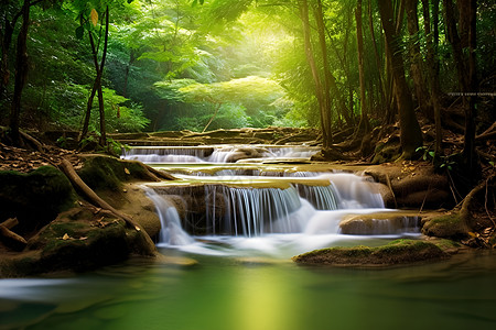 美丽森林瀑布瀑布奔流的绿林溪流背景