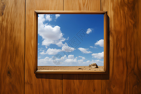 木墙上的蓝天挂画背景图片