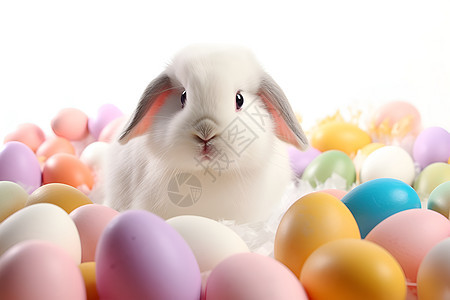 白色长耳兔子坐在一堆彩蛋上图片