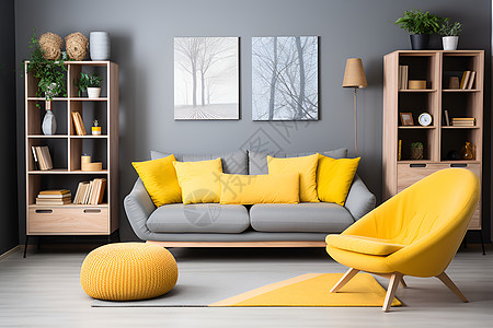 组合挂画客厅里的黄色沙发背景