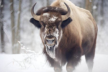 雪地中站立的野生公牛图片