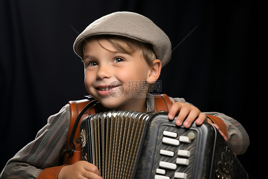 拿着风琴微笑的小男孩图片