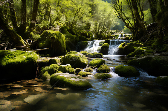翠绿森林中的山涧瀑布图片
