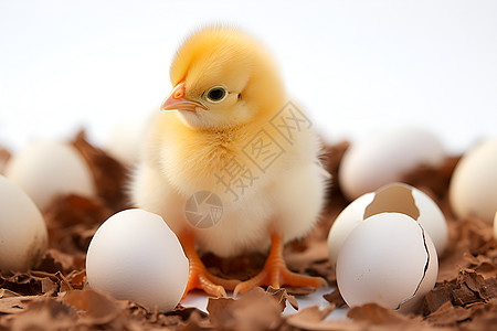 鸡爪子小黄鸡站在鸡蛋壳堆里背景