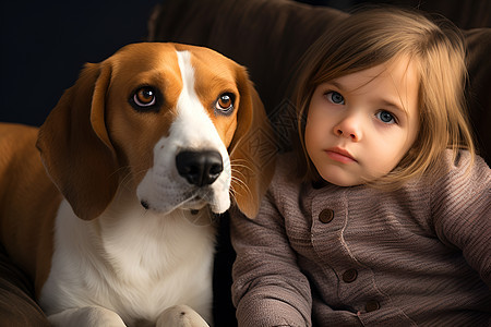 沙发上的狗狗和女孩图片