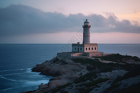 日出时刻的海岛灯塔图片