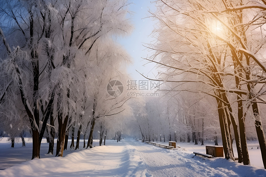 冬日阳光洒满林间雪径的景色图片