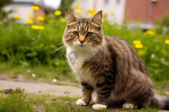 草地上一只猫图片