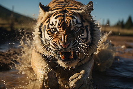 猛虎在水中奔跑图片